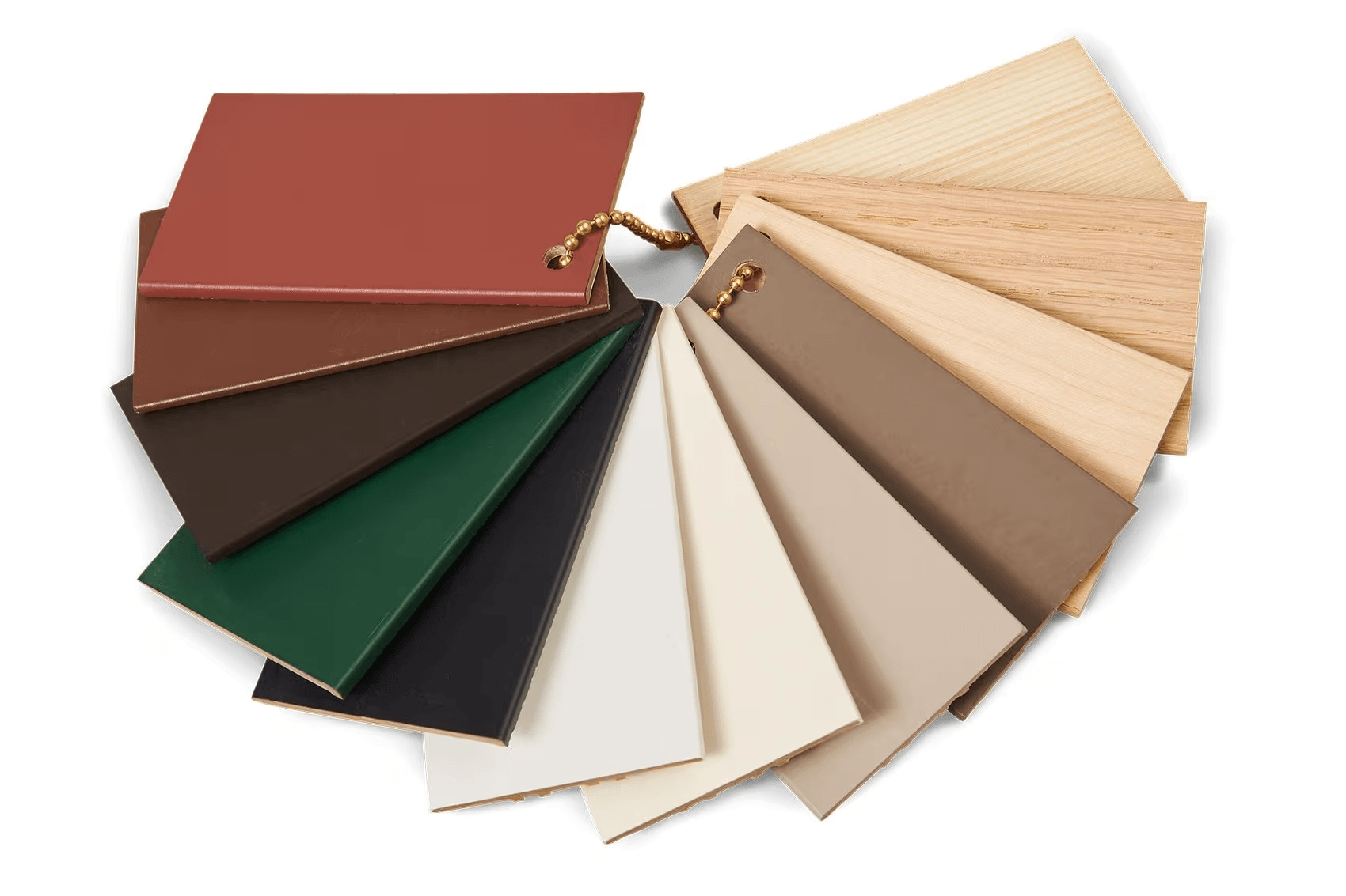 A fanned set of Renewal by Andersen entry door color and wood-stain samples