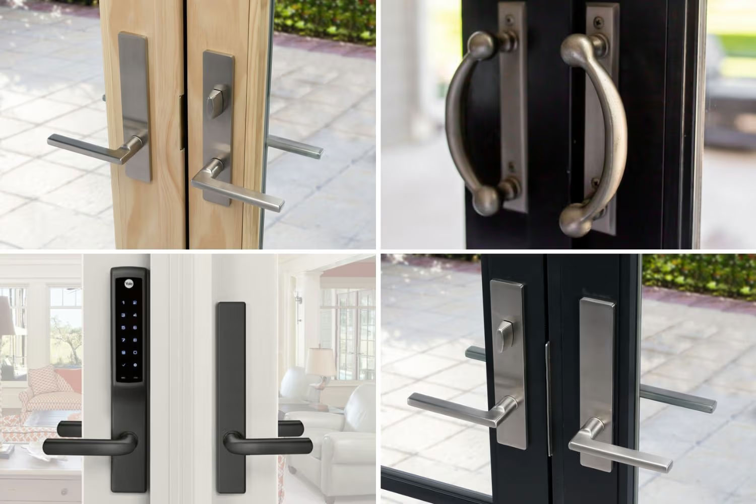 Andersen patio door hardware shown installed on hinged and sliding patio doors