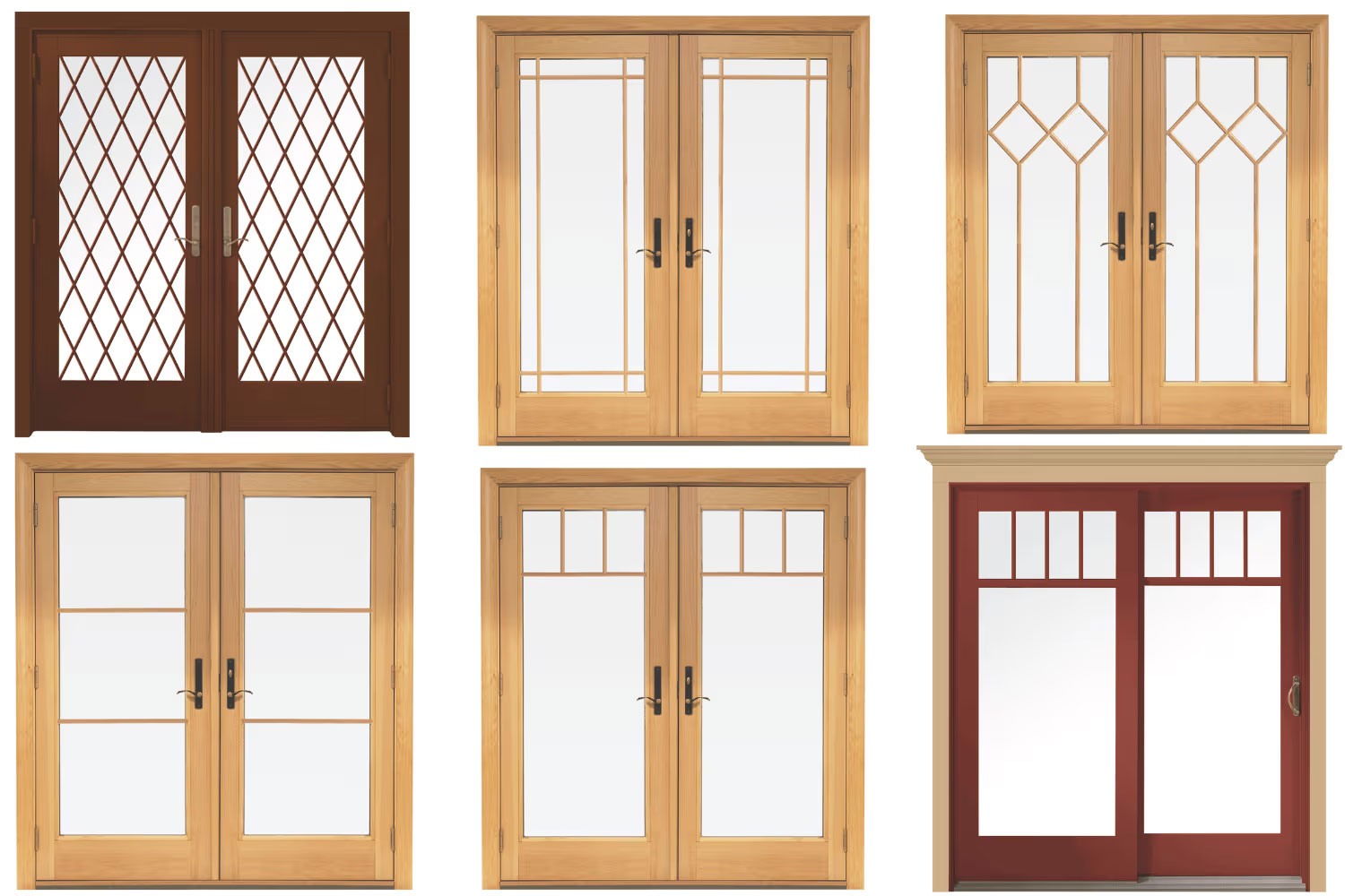 A collage of Renewal by Andersen patio door styles, grilles, and finishes