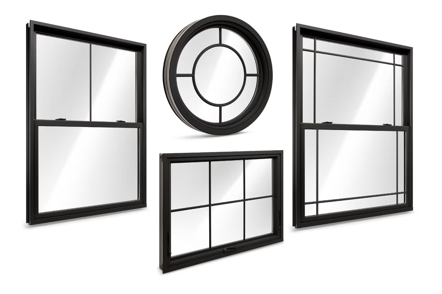 Black-framed Renewal by Andersen windows showing a variety of grille patterns