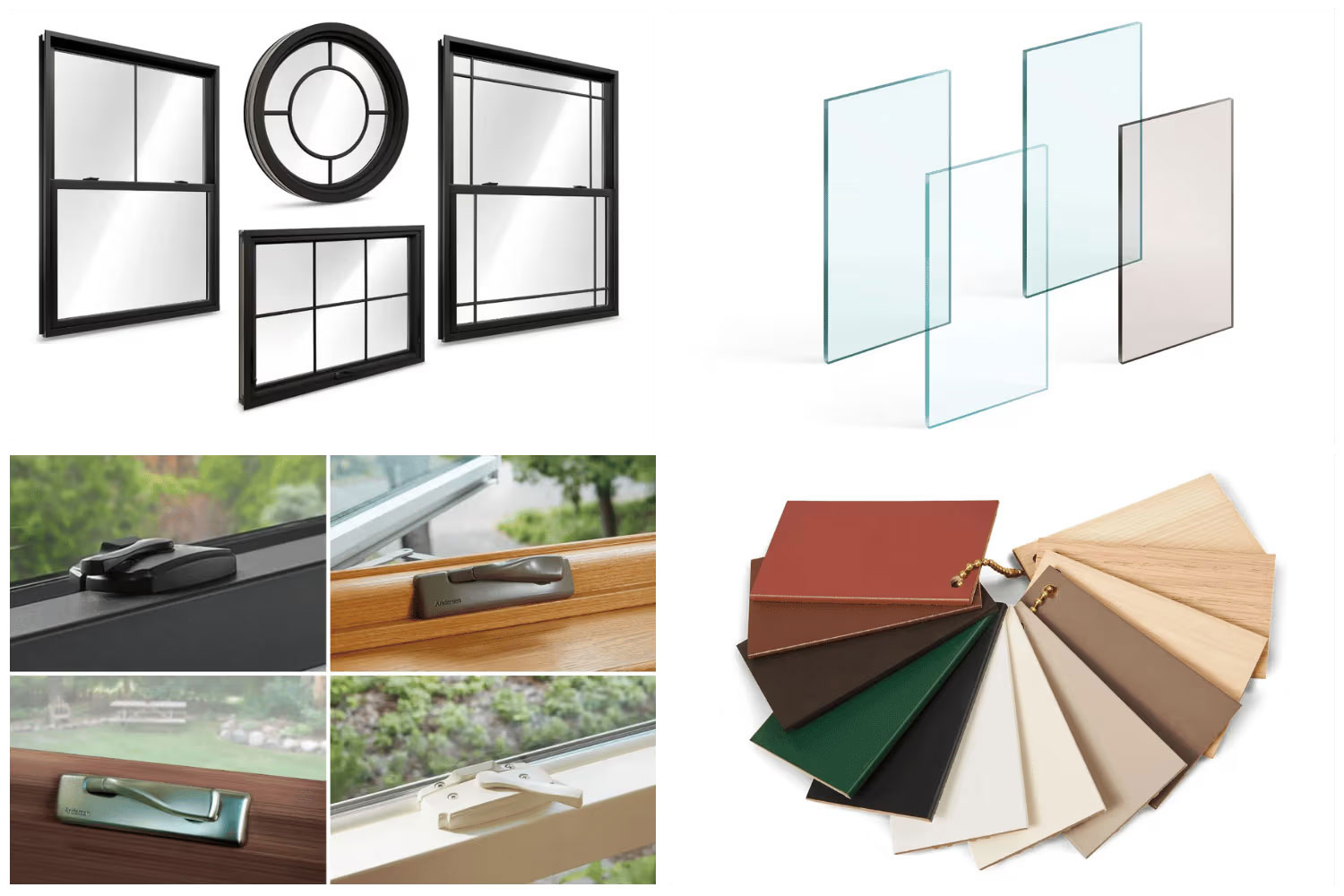 A collage of Renewal by Andersen window styles, glass, hardware, and color samples